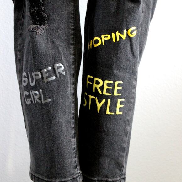 Shein High Rise Slogan Graphic Distressed Black Jean Size L - Picture 2 of 13